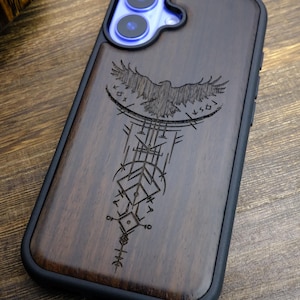 Norse Symbols: Vegvísir, Wood Case for iPhone, Samsung Galaxy and Google Pixel Phones, Personalizable