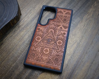 L'oeil qui voit tout et le voyage aztèque, coque en bois pour iPhone, téléphones Samsung Galaxy et Google Pixel, personnalisable