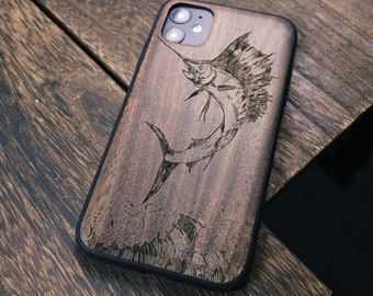 Marlin Fish Dances On The Waves, Wood Case for iPhone, Samsung Galaxy and Google Pixel Phones, Personalizable