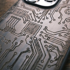 Circuit board outline art, Wood Case for iPhone, Samsung Galaxy and Google Pixel Phones, Personalizable