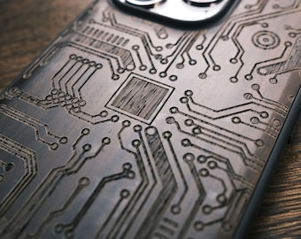 Grafica con contorni del circuito stampato, custodia in legno per iPhone, Samsung Galaxy e telefoni Google Pixel, personalizzabile