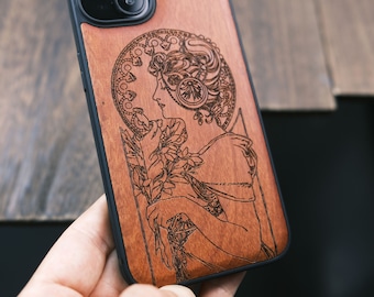 Alphonse Mucha, La Plume (1899), Wood Case for iPhone, Samsung Galaxy and Google Pixel Phones, Personalizable