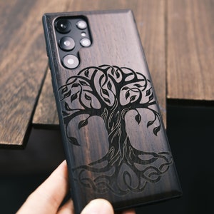 Albero della vita celtico, custodia in legno per iPhone, Samsung Galaxy e telefoni Google Pixel, personalizzabile