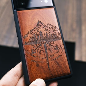 The Compass and Mountains, Wood Case for iPhone, Samsung Galaxy and Google Pixel Phones, Personalizable