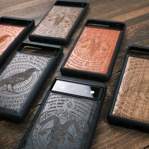 Symboles magiques sorcellerie corbeau noir, coque en bois pour iPhone, Samsung et Google Pixel, personnalisable