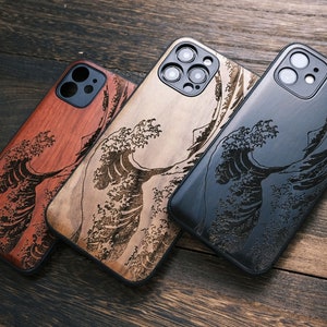 The Great Wave off Kanagawa of Wooden cellPhone cases Apple iPhone 11 12 13 14 Pro Max XR XsMax 7 8Plus SE, Google Pixel 6 6a 6Pro 7 7Pro, Samsung Galaxy S21 22 20 Ultra Note, Custom engraving Japanese Japan Waves Gifts Magsafe Magnetic. Handmade.Art