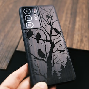 Night,Birds and Tree, Wood Case for iPhone, Samsung Galaxy and Google Pixel Phones, Personalizable