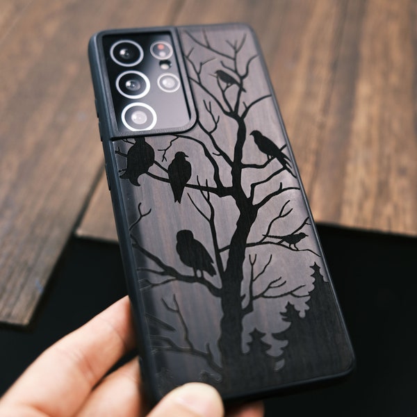 Night,Birds and Tree, Wood Case for iPhone, Samsung Galaxy and Google Pixel Phones, Personalizable