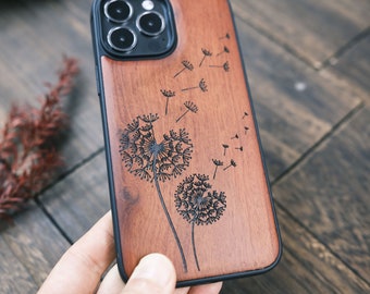 Dandelion Drawing Art, Wood Case for iPhone, Samsung Galaxy and Google Pixel Phones, Personalizable