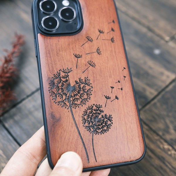 Dandelion Drawing Art, Wood Case for iPhone, Samsung Galaxy and Google Pixel Phones, Personalizable