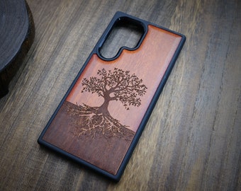Art de l'arbre Yin Yang, coque en bois pour téléphones iPhone, Samsung Galaxy et Google Pixel, personnalisable