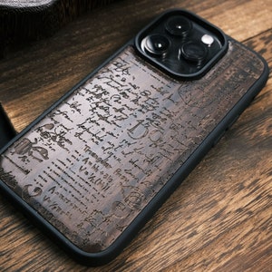 Texte abstrait manuscrit de notes mystères, coque en bois pour téléphones iPhone, Samsung Galaxy et Google Pixel, personnalisable