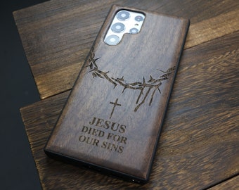 Cross -  Jesus died for our sins, Wood Case for iPhone, Samsung Galaxy and Google Pixel Phones, Personalizable