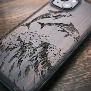 Dolphin Dances On The Waves, Wood Case for iPhone, Samsung Galaxy and Google Pixel Phones, Personalizable