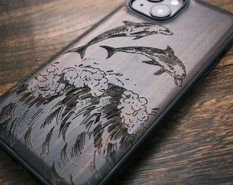 Dolphin Dances On The Waves, Wood Case for iPhone, Samsung Galaxy and Google Pixel Phones, Personalizable