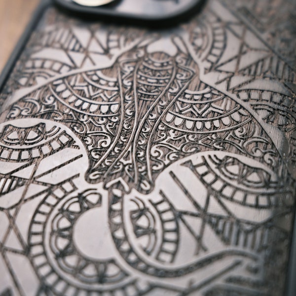 Tribal Currents: The Manta Ray's Geometric Dance, Wood Case for iPhone, Samsung Galaxy and Google Pixel Phones, Personalizable