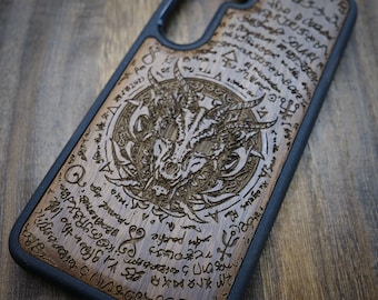 Crâne de dragon dans une étoile octogonale, coque en bois pour iPhone, Samsung Galaxy et téléphones Google Pixel, personnalisable