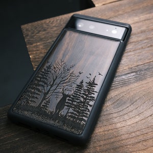 Elk and Woods, coque en bois pour téléphones iPhone, Samsung Galaxy et Google Pixel, personnalisable image 1