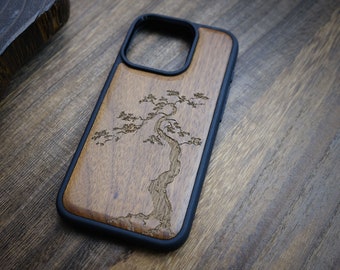 Art du pin majestueux, coque en bois pour téléphones iPhone, Samsung Galaxy et Google Pixel, personnalisable