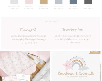 May include: A branding kit for Rainbows & Coconuts Kids Clothing Boutique featuring a logo with a pastel rainbow and star, color palette, typography, social media covers, and stationery designs including thank you cards and gift tags.