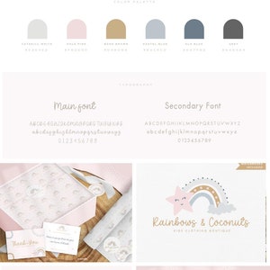 Op de afbeelding: Een brandingkit voor de kinderkledingboetiek Rainbows & Coconuts met een logo van een pastelkleurige regenboog en ster, kleurenpalet, typografie, social media covers en briefpapierontwerpen zoals bedankkaartjes en cadeaulabels.