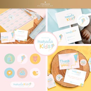 May include: A branding kit for a children's boutique called "mohada Kids". The kit includes a logo, thank you cards, gift tags, and packaging. The color scheme is pink, blue, and yellow.