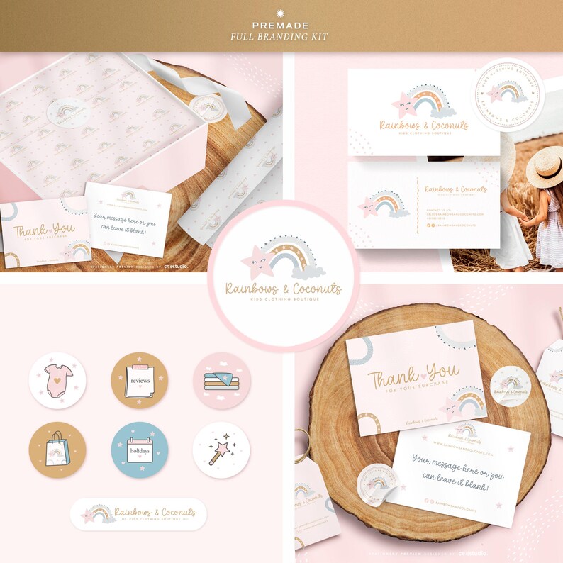 Op de afbeelding: Een kant-en-klare brandingkit met een logo van een pastelkleurige regenboog en ster, visitekaartjes, bedankkaartjes en ronde stickers. Het ontwerp bevat de tekst Rainbows & Coconuts, Kids Clothing Boutique en Thank You.