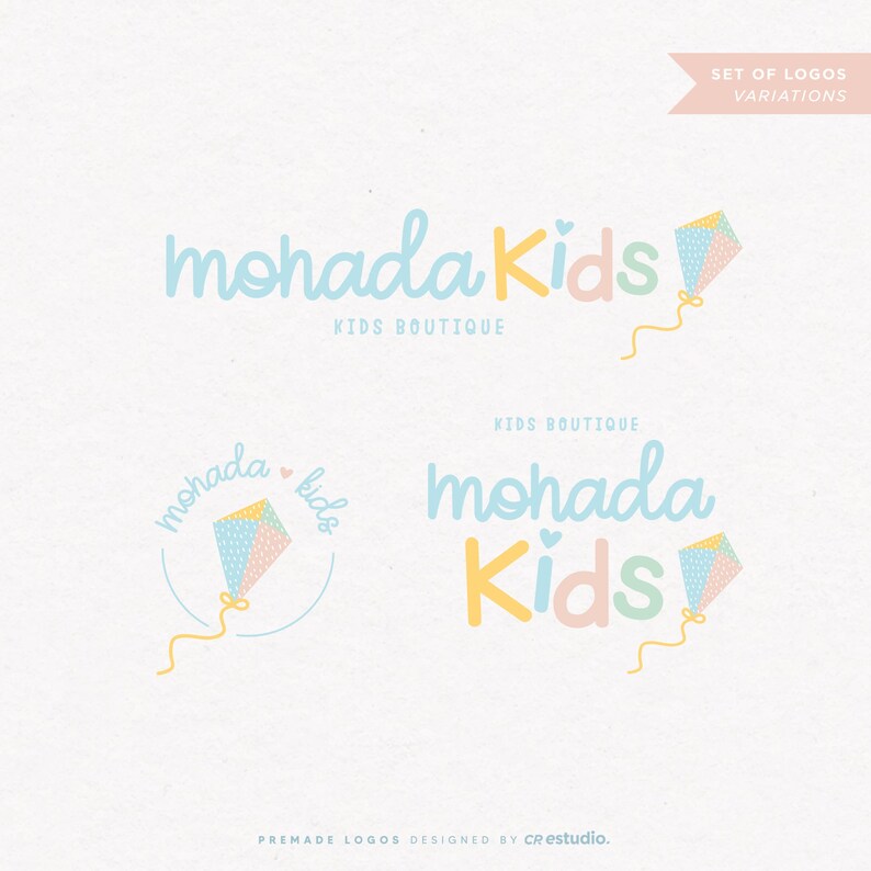 May include: Set of three logo variations for a children's boutique called "mohada Kids". The logo features a stylized kite with pastel colors and a handwritten font.