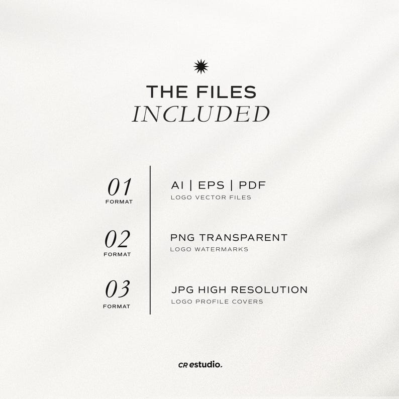 May include: A white background with black text that reads "THE FILES INCLUDED". Below the text are three numbered sections, each with a file format and a description. The file formats are AI, EPS, PDF, PNG, and JPG. The descriptions are "LOGO VECTOR FILES", "LOGO WATERMARKS", and "LOGO PROFILE COVERS". The text "CR estudio." is at the bottom of the image.
