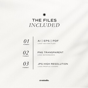 Op de afbeelding: Een digitale informatiegrafiek getiteld THE FILES INCLUDED met een sterpictogram. Het bevat drie formaten: 01 AI, EPS, PDF logovectorbestanden; 02 PNG transparante logowatermerken; 03 JPG hoge resolutie logoprofielcovers. De tekst cr estudio. staat onderaan.