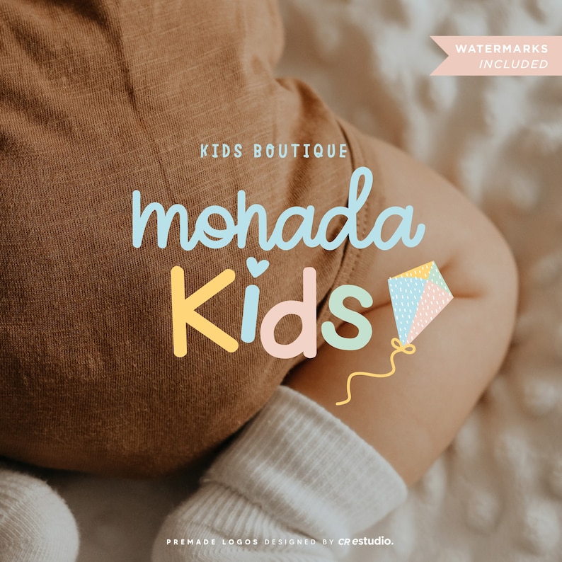 May include: A logo design for a kids boutique called "mohada Kids" with a light blue, yellow, and pink color scheme. The logo features a kite and a heart.