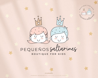 May include: A logo design on a pale pink background with gold stars, featuring two cartoon heads wearing crowns. The text reads PEQUEÑOS saltarines BOUTIQUE FOR KIDS, with a circular logo in the corner containing the same characters and text.