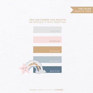 Op de afbeelding: Een kleurenpalet-afbeelding met vijf horizontale rechthoekige stalen in lichtgrijs, zachtroze, beige, stoffig blauw en donker leiblauw. De tekst bevat hex-codes en een illustratie van een regenboog met een ster.