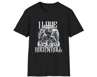 May include: Black t-shirt with a rock and roll themed graphic. The design features a skull and band members with the text "I LOVE ROCK'N'ROLL". The artwork is in shades of grey and white.
