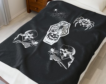 Gothic Skeleton Velvet Throw Blanket, Spooky Halloween Decor