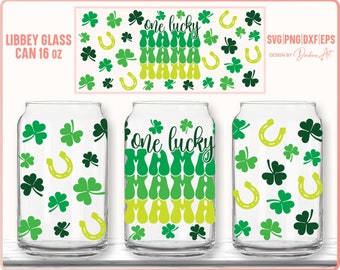 St Patricks Day SVG PNG, One Lucky Mama Full Wrap For Libbey Can Glass 16oz, Kleeblatt, Hufeisen, SVG Plotterdatei Für Cricut, Silhouette