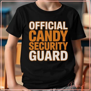 May include: Black t-shirt with the words "OFFICIAL CANDY SECURITY GUARD" in orange and white lettering. The shirt is a crew neck and appears to be made of cotton. The text is centered on the front of the shirt.