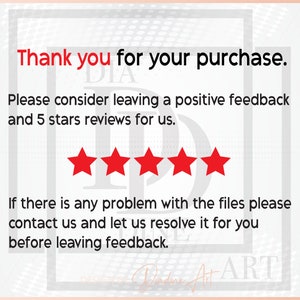 May include: A digital graphic with the text "Thank you for your purchase." and a request for positive feedback and 5-star reviews. Includes five red star icons and additional text about resolving issues before feedback.