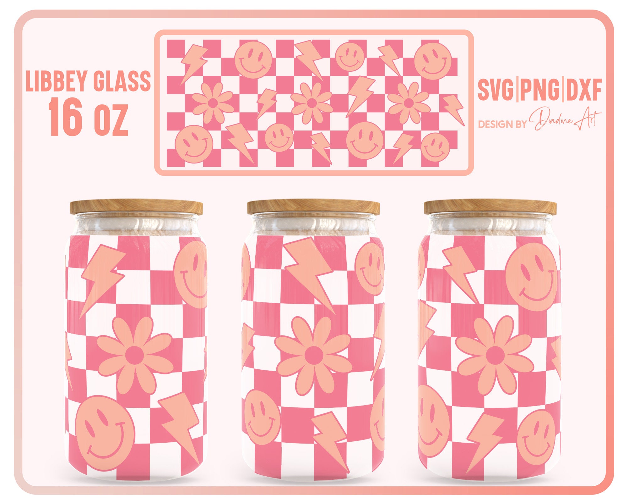 Checkered Design SVG Bundle, Retro Smiley Full Wrap for Libbey Can ...