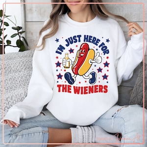 Funny Patriotic Hot Dog SVG PNG | 4th of July I'm Just Here for the Wieners Svg | Retro Cartoon BBQ Clipart for Cricut and Silhouette