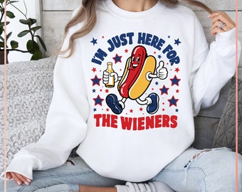 Funny Patriotic Hot Dog SVG PNG | 4th of July I'm Just Here for the Wieners Svg | Retro Cartoon BBQ Clipart for Cricut and Silhouette