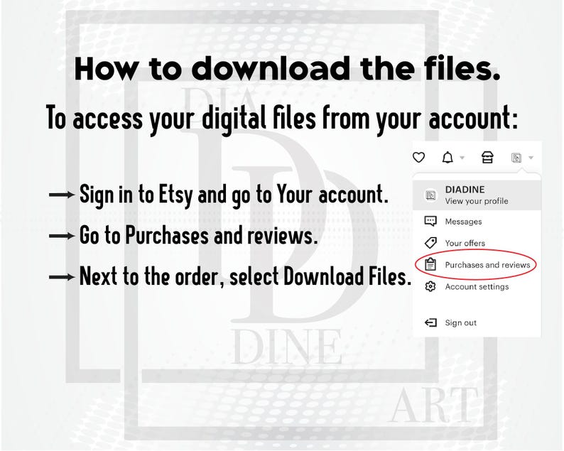 May include: Screenshot of a computer screen showing instructions on how to download digital files from Etsy. The instructions say to sign in to Etsy, go to Purchases and reviews, and then select Download Files next to the order.