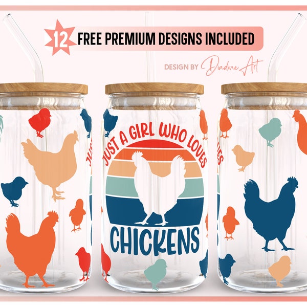 Libbey Glass Can 16oz & 20oz Funny Chickens Lover SVG PNG, Retro Chicken Can Glass Wrap SVG, Vinyl, Printable, Cricut, Silhouette File