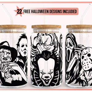 16oz Libbey Can Glass Horror Movies SVG - Halloween Seamless Full Wrap svg - Scary Face svg - Printable - Cut File for Cricut - Silhouette