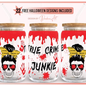 True Crime Junkie Full Wrap For Libbey Can Glass 16oz SVG, Messy Bun Skull Svg, Crime Scene Svg, Printable, Cut File for Cricut, Silhouette