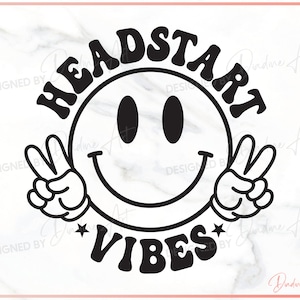 May include: Black and white graphic design featuring a smiley face with peace signs and the text "HEADSTART VIBES".