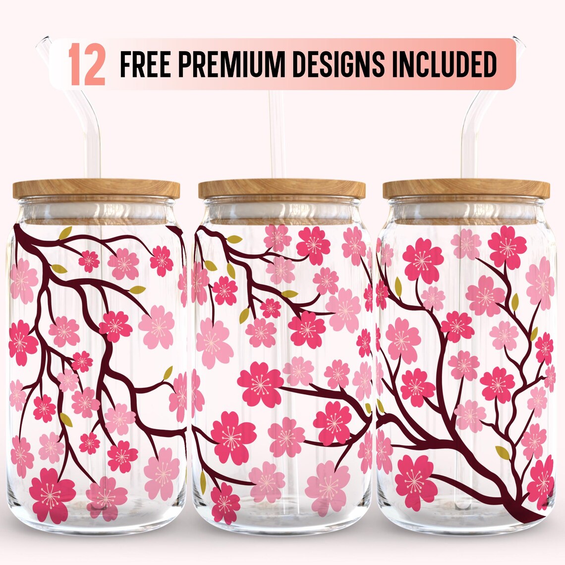 Japanese Flower Libbey Can Glass SVG, Cherry Blossom Full Wrap for ...