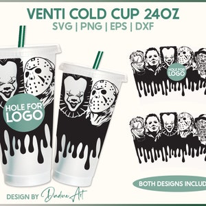 Halloween Horror Movies Full Wrap for Venti Cold Cup 24 oz, Scary Faces SVG PNG, Halloween SVG Cut File for Cricut, Silhouette