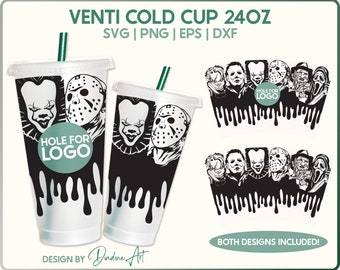 Halloween Horror Movies Full Wrap for Venti Cold Cup 24 oz, Scary Faces SVG PNG, Halloween SVG Cut File for Cricut, Silhouette