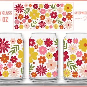 Daisy Flower Libbey Can Glass SVG, Daisy Pattern Seamless DIY Full Wrap For Libbey Can Shaped Beer Glass 16oz, Files For Cricut, Silhouette